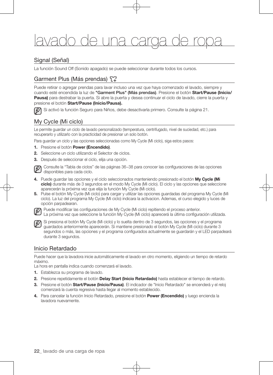 Lavado de una carga de ropa, Signal (señal), Garment plus (más prendas) | My cycle (mi ciclo), Inicio retardado | Samsung WA50F9A7DSP-A2 User Manual | Page 110 / 132