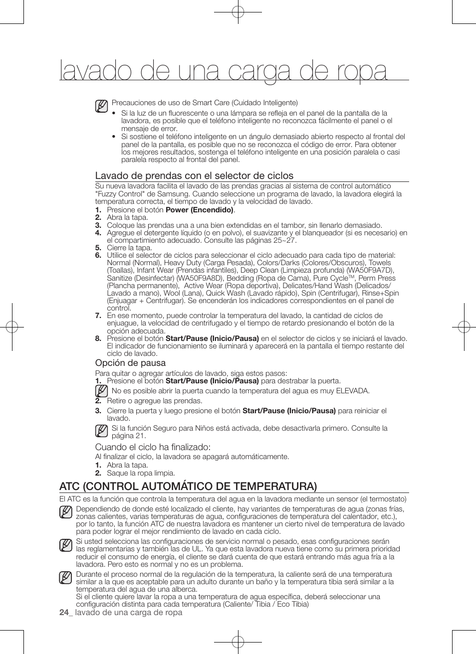 Lavado de una carga de ropa, Atc (control automático de temperatura), Lavado de prendas con el selector de ciclos | Samsung WA50F9A7DSP-A2 User Manual | Page 112 / 132