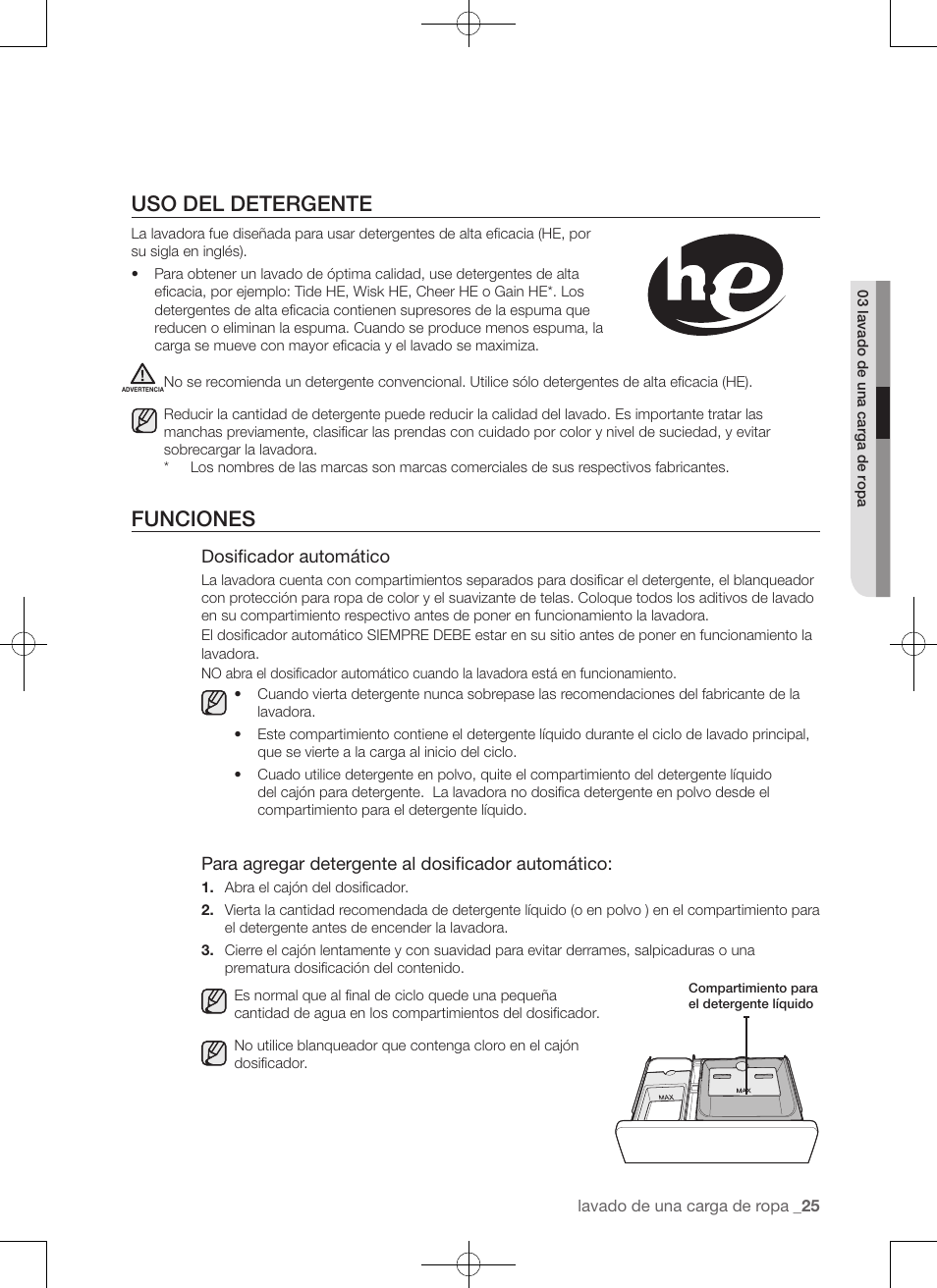 Uso del detergente, Funciones | Samsung WA50F9A7DSP-A2 User Manual | Page 113 / 132