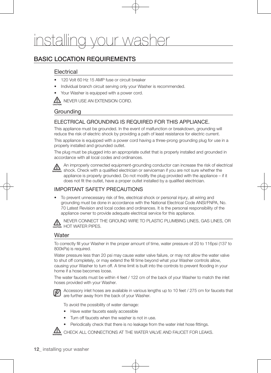 Installing your washer, Basic location requirements, Electrical | Grounding, Water | Samsung WA50F9A7DSP-A2 User Manual | Page 12 / 132