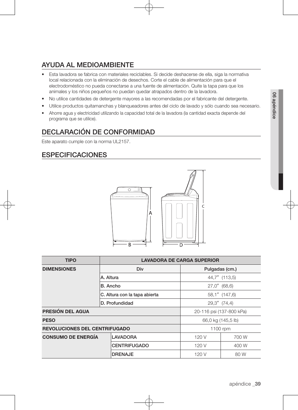 Ayuda al medioambiente, Declaración de conformidad, Especificaciones | Samsung WA50F9A7DSP-A2 User Manual | Page 127 / 132