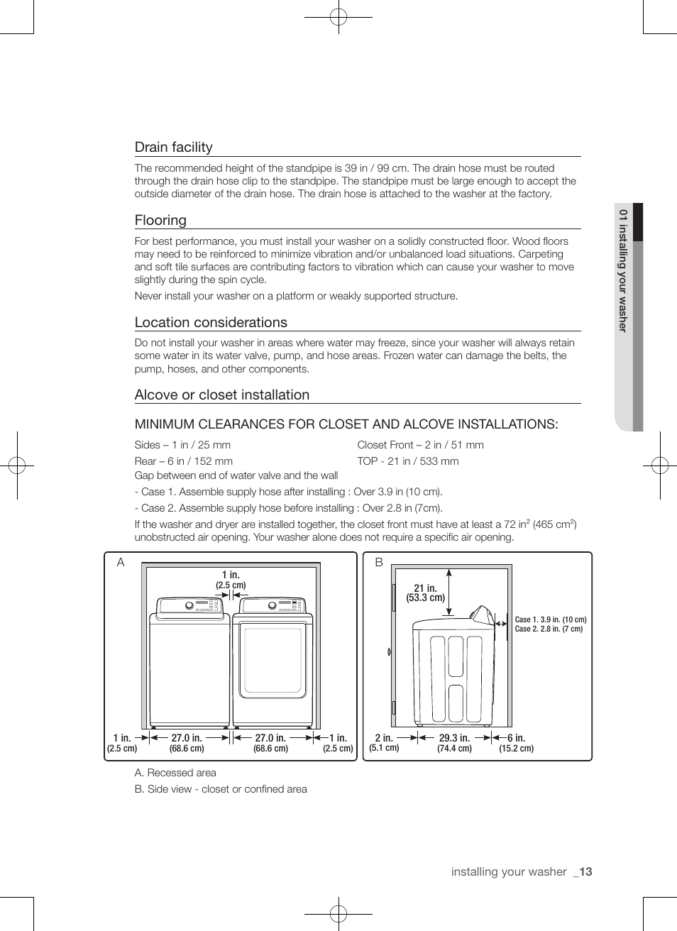 Drain facility, Flooring, Location considerations | Alcove or closet installation | Samsung WA50F9A7DSP-A2 User Manual | Page 13 / 132