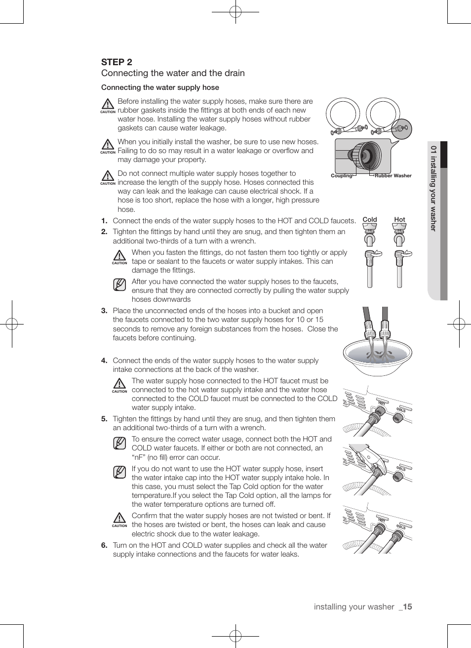 Step 2 connecting the water and the drain | Samsung WA50F9A7DSP-A2 User Manual | Page 15 / 132