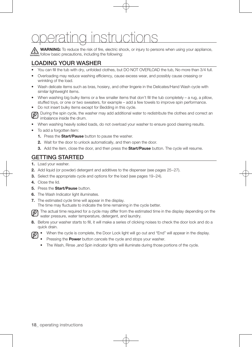 Operating instructions, Loading your washer, Getting started | Samsung WA50F9A7DSP-A2 User Manual | Page 18 / 132
