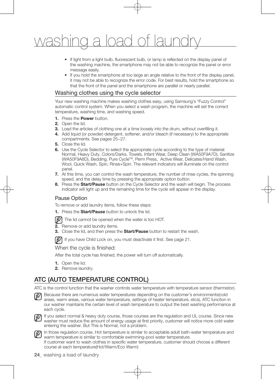 Washing a load of laundry, Atc (auto temperature control), Washing clothes using the cycle selector | Samsung WA50F9A7DSP-A2 User Manual | Page 24 / 132