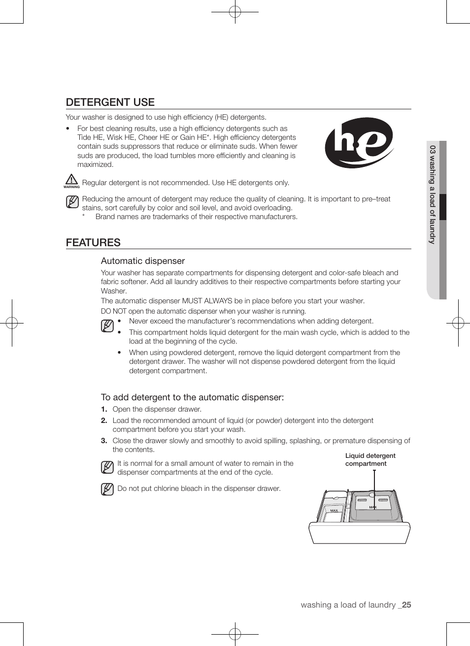 Detergent use, Features | Samsung WA50F9A7DSP-A2 User Manual | Page 25 / 132