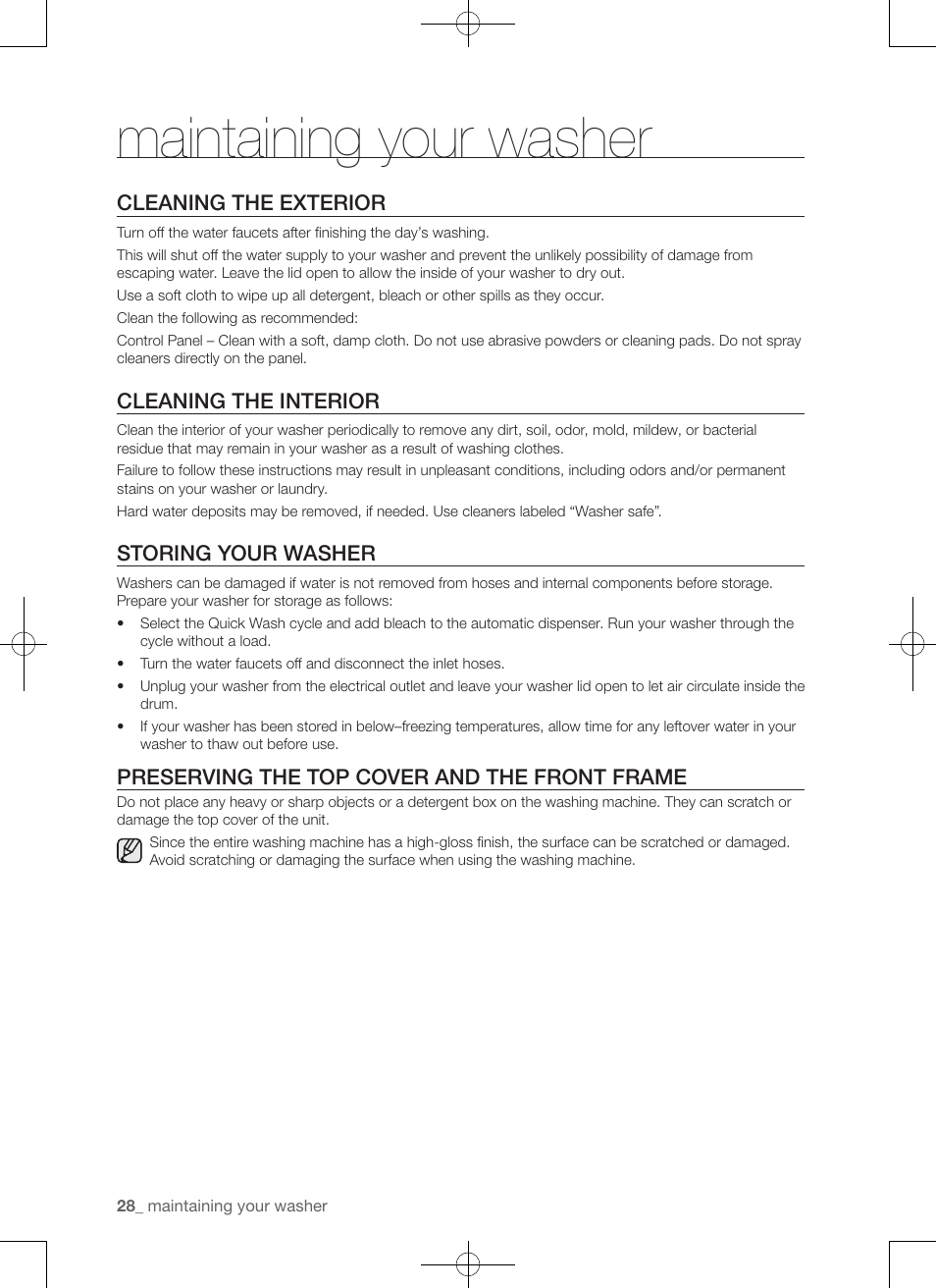 Maintaining your washer, Cleaning the exterior, Cleaning the interior | Storing your washer, Preserving the top cover and the front frame | Samsung WA50F9A7DSP-A2 User Manual | Page 28 / 132