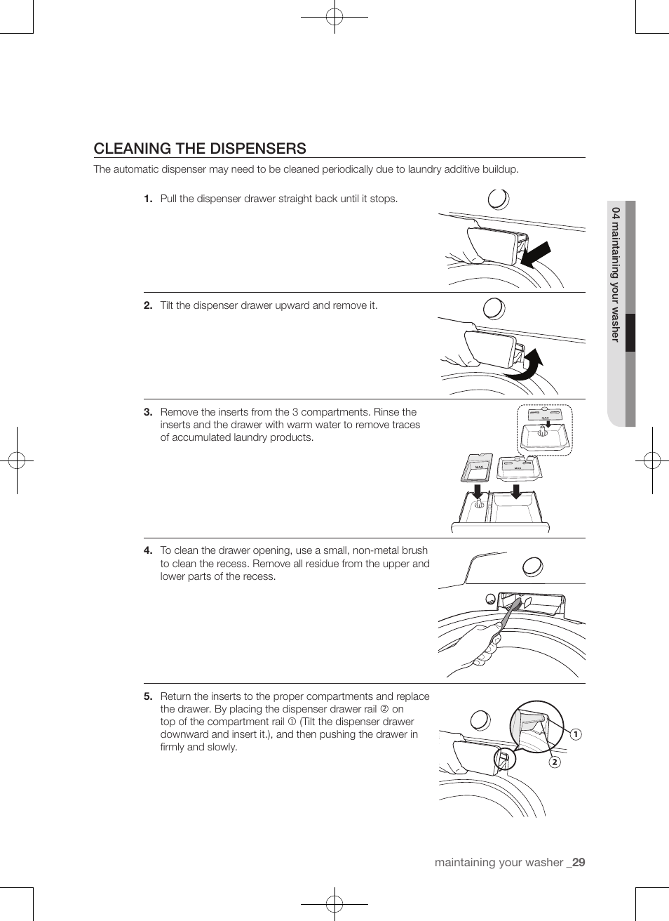 Cleaning the dispensers | Samsung WA50F9A7DSP-A2 User Manual | Page 29 / 132