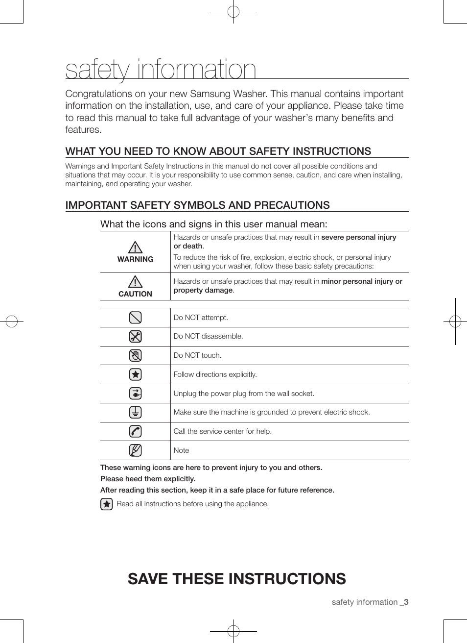 Safety information, Save these instructions, What you need to know about safety instructions | Important safety symbols and precautions | Samsung WA50F9A7DSP-A2 User Manual | Page 3 / 132
