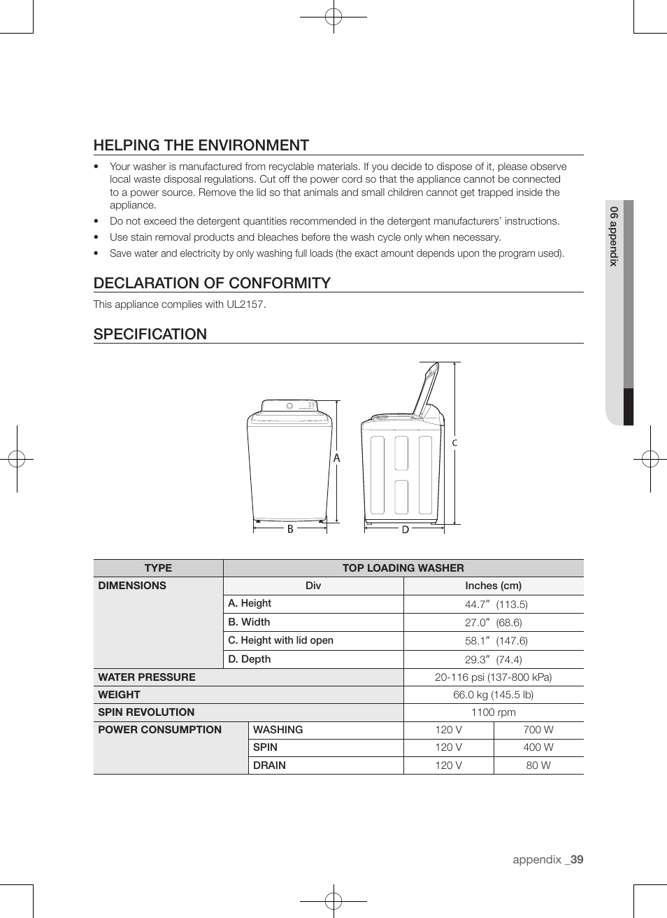 Helping the environment, Declaration of conformity, Specification | Samsung WA50F9A7DSP-A2 User Manual | Page 39 / 132