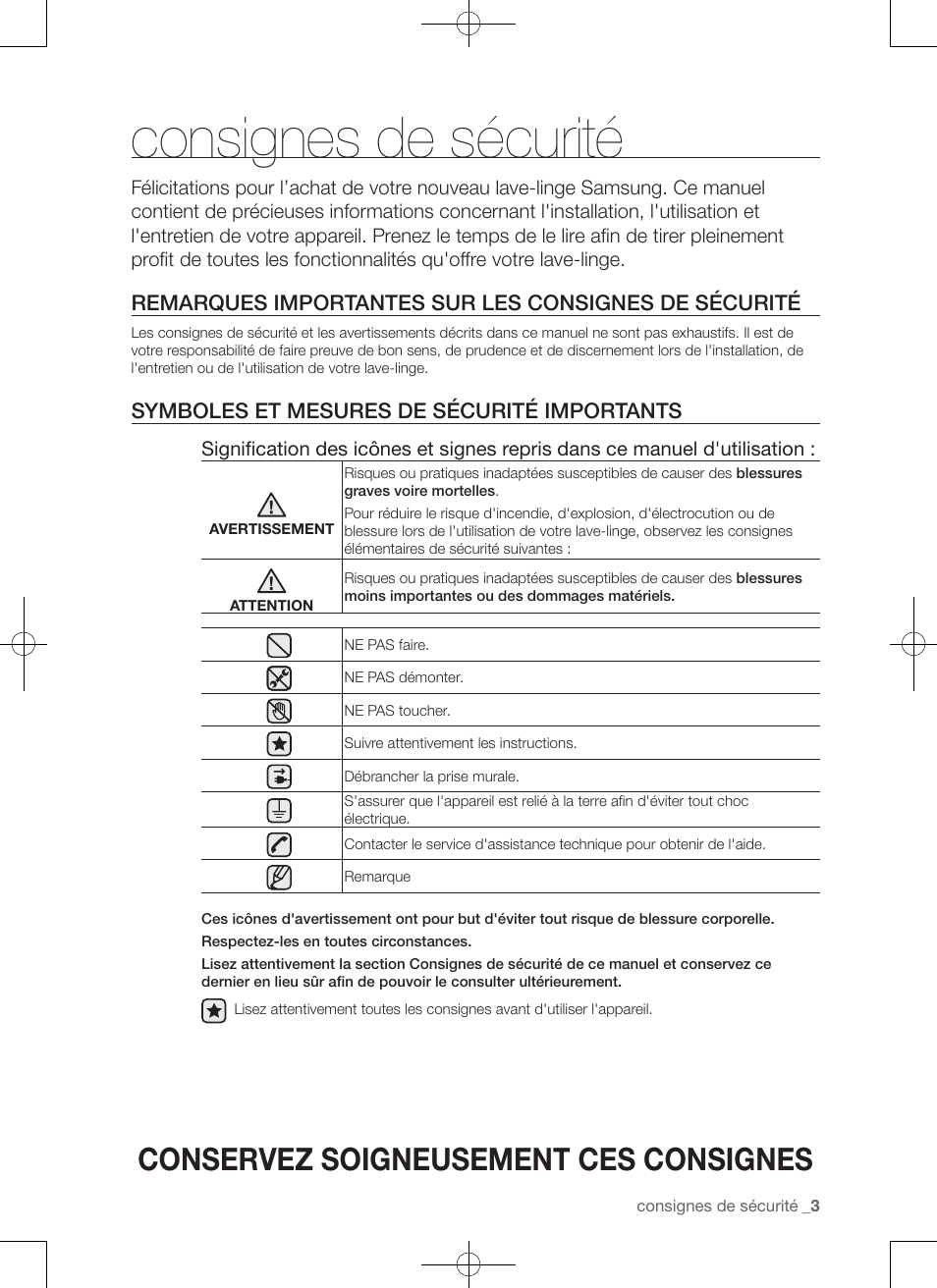 Consignes de sécurité, Conservez soigneusement ces consignes, Symboles et mesures de sécurité importants | Samsung WA50F9A7DSP-A2 User Manual | Page 47 / 132