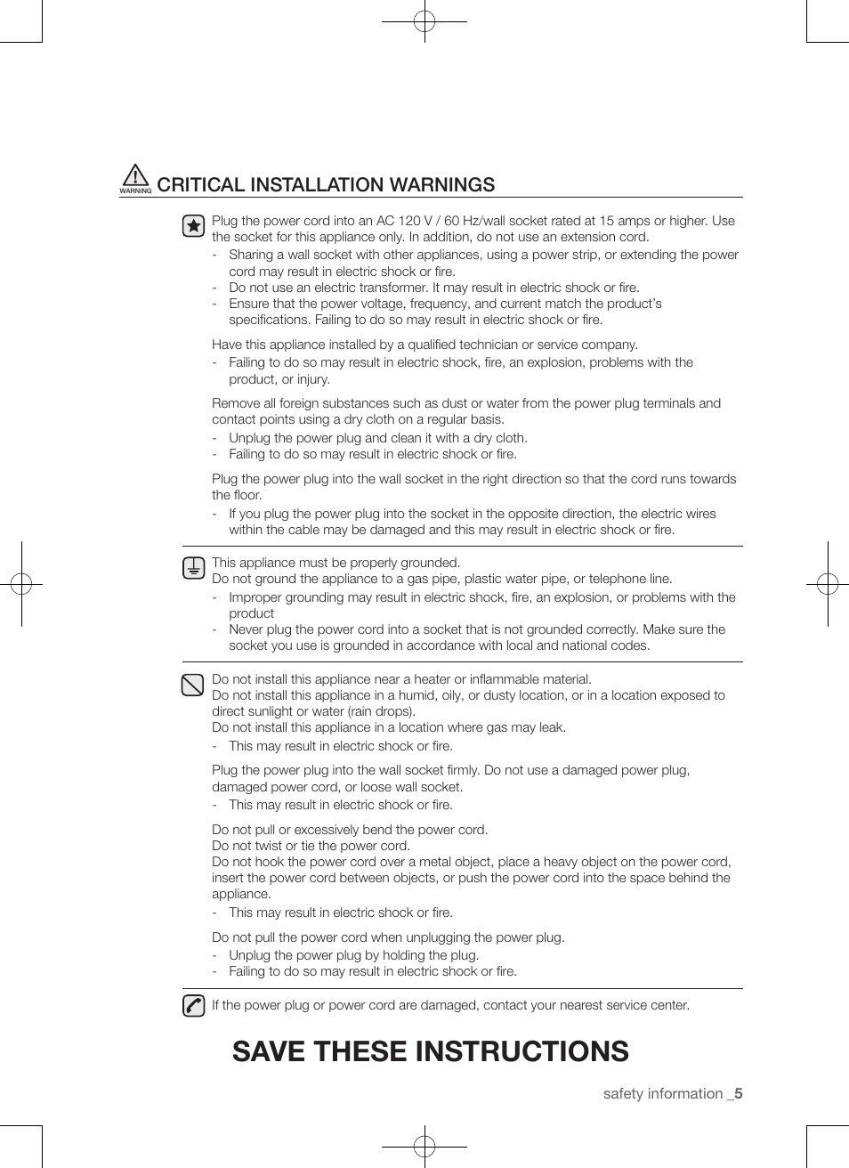 Save these instructions, Critical installation warnings | Samsung WA50F9A7DSP-A2 User Manual | Page 5 / 132