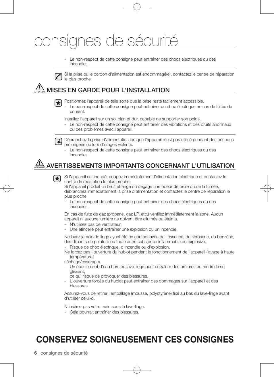 Consignes de sécurité, Conservez soigneusement ces consignes, Mises en garde pour l'installation | Avertissements importants concernant l'utilisation | Samsung WA50F9A7DSP-A2 User Manual | Page 50 / 132