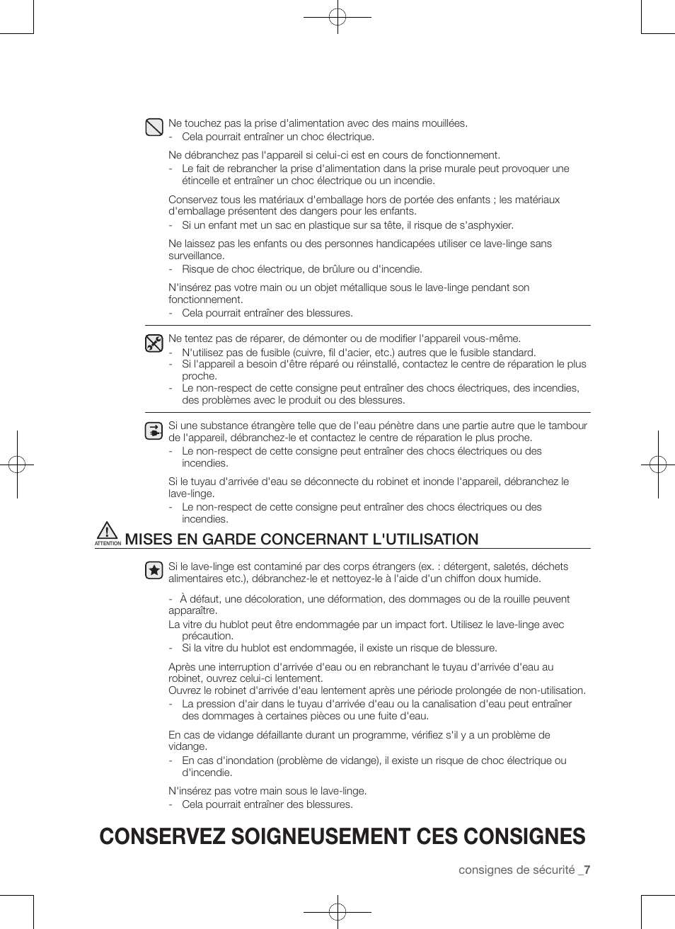 Conservez soigneusement ces consignes, Mises en garde concernant l'utilisation | Samsung WA50F9A7DSP-A2 User Manual | Page 51 / 132