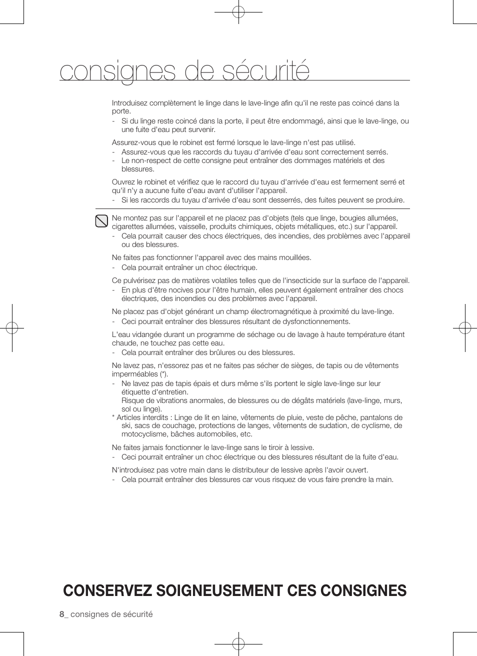 Consignes de sécurité, Conservez soigneusement ces consignes | Samsung WA50F9A7DSP-A2 User Manual | Page 52 / 132