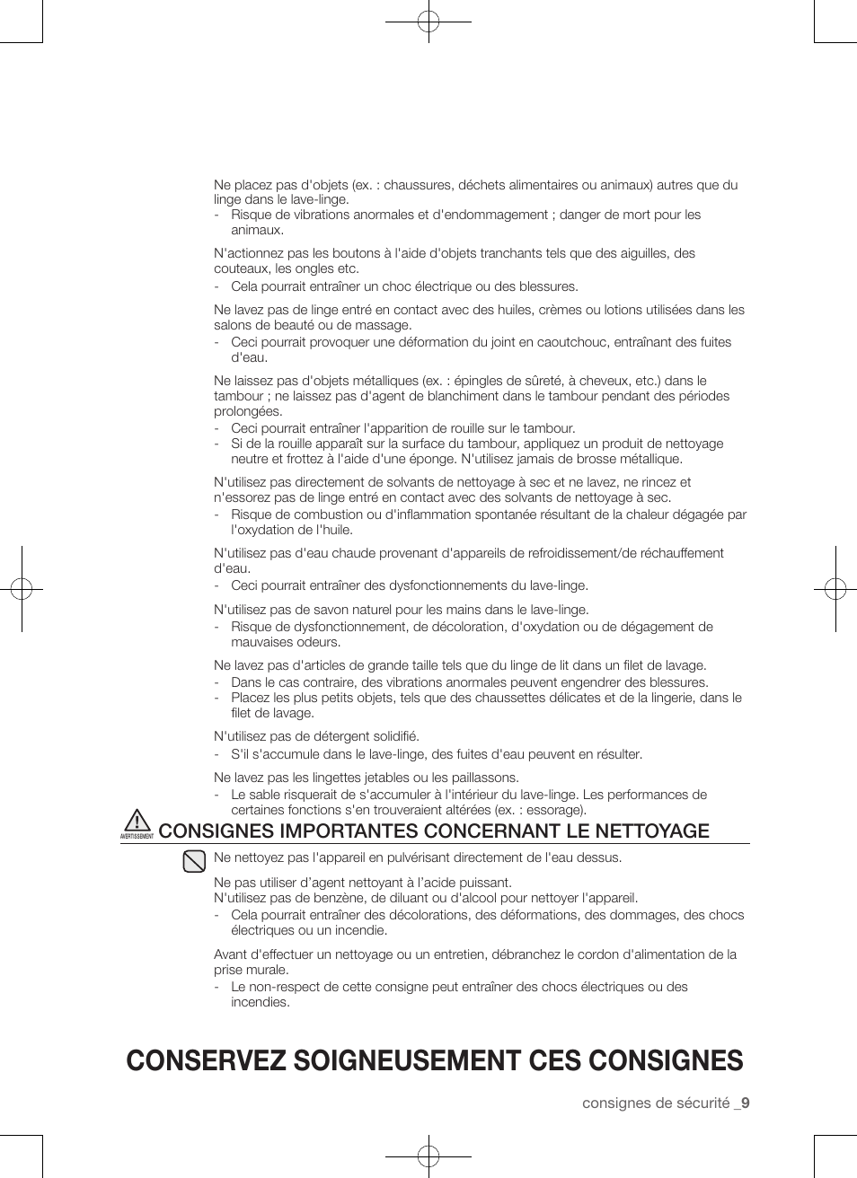 Conservez soigneusement ces consignes, Consignes importantes concernant le nettoyage | Samsung WA50F9A7DSP-A2 User Manual | Page 53 / 132