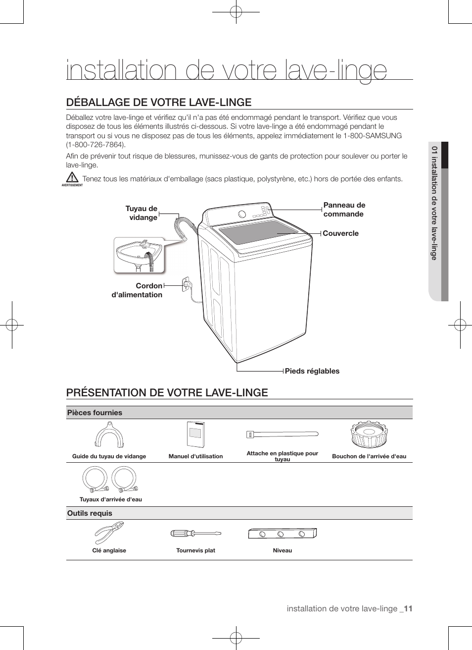 Installation de votre lave-linge, Déballage de votre lave-linge, Présentation de votre lave-linge | Samsung WA50F9A7DSP-A2 User Manual | Page 55 / 132