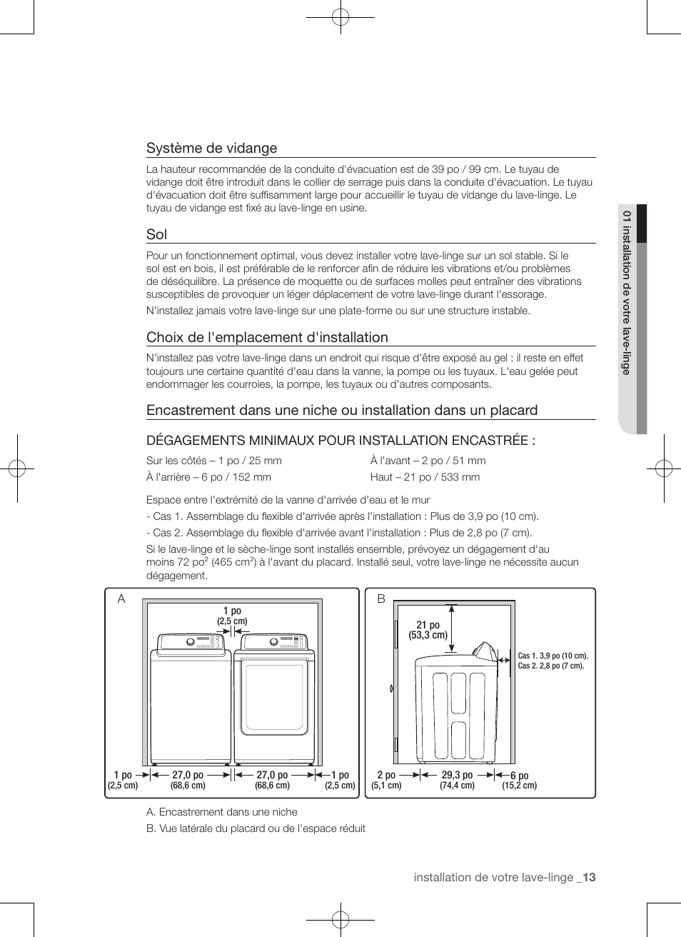 Système de vidange, Choix de l'emplacement d'installation | Samsung WA50F9A7DSP-A2 User Manual | Page 57 / 132