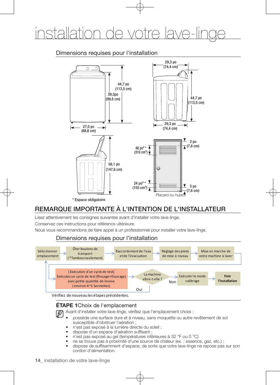 Installation de votre lave-linge, Dimensions requises pour l'installation, Dimensions requises pour l’installation | Étape 1 choix de l'emplacement | Samsung WA50F9A7DSP-A2 User Manual | Page 58 / 132