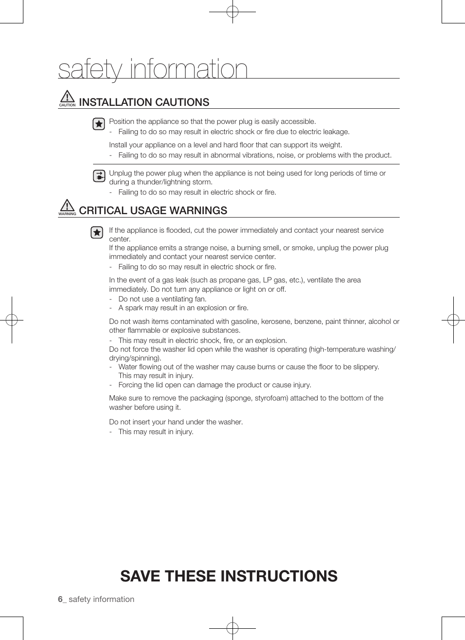 Safety information, Save these instructions, Installation cautions | Critical usage warnings | Samsung WA50F9A7DSP-A2 User Manual | Page 6 / 132