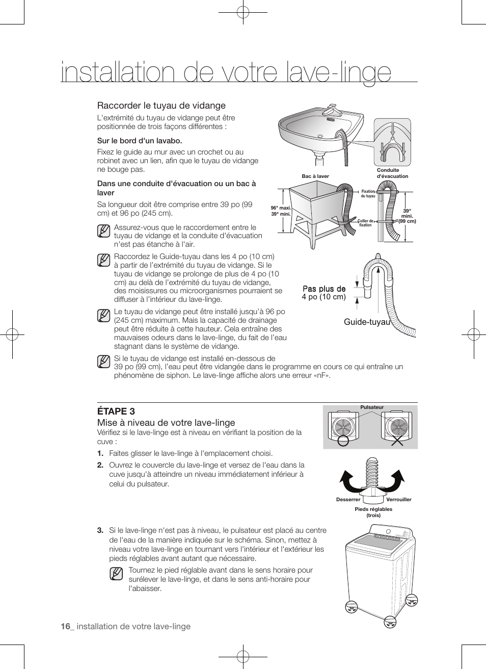 Installation de votre lave-linge, Raccorder le tuyau de vidange, Étape 3 mise à niveau de votre lave-linge | Samsung WA50F9A7DSP-A2 User Manual | Page 60 / 132
