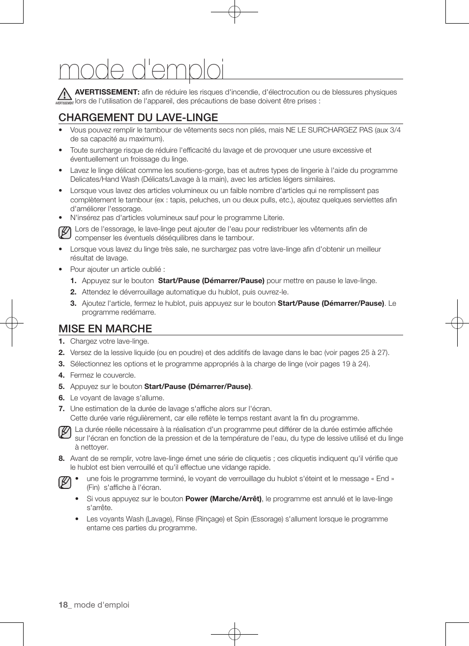 Mode d'emploi, Chargement du lave-linge, Mise en marche | Samsung WA50F9A7DSP-A2 User Manual | Page 62 / 132