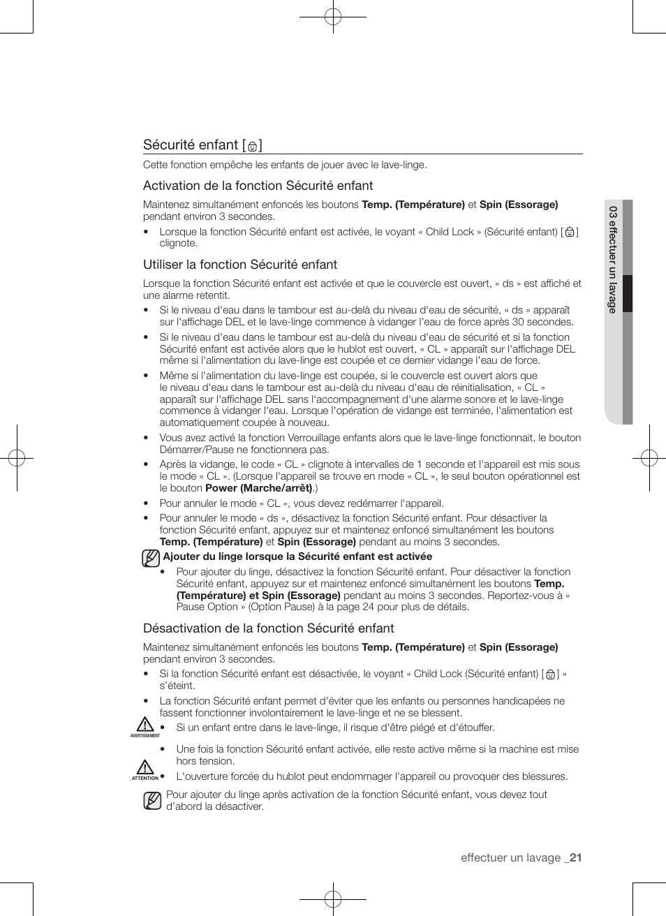 Sécurité enfant | Samsung WA50F9A7DSP-A2 User Manual | Page 65 / 132