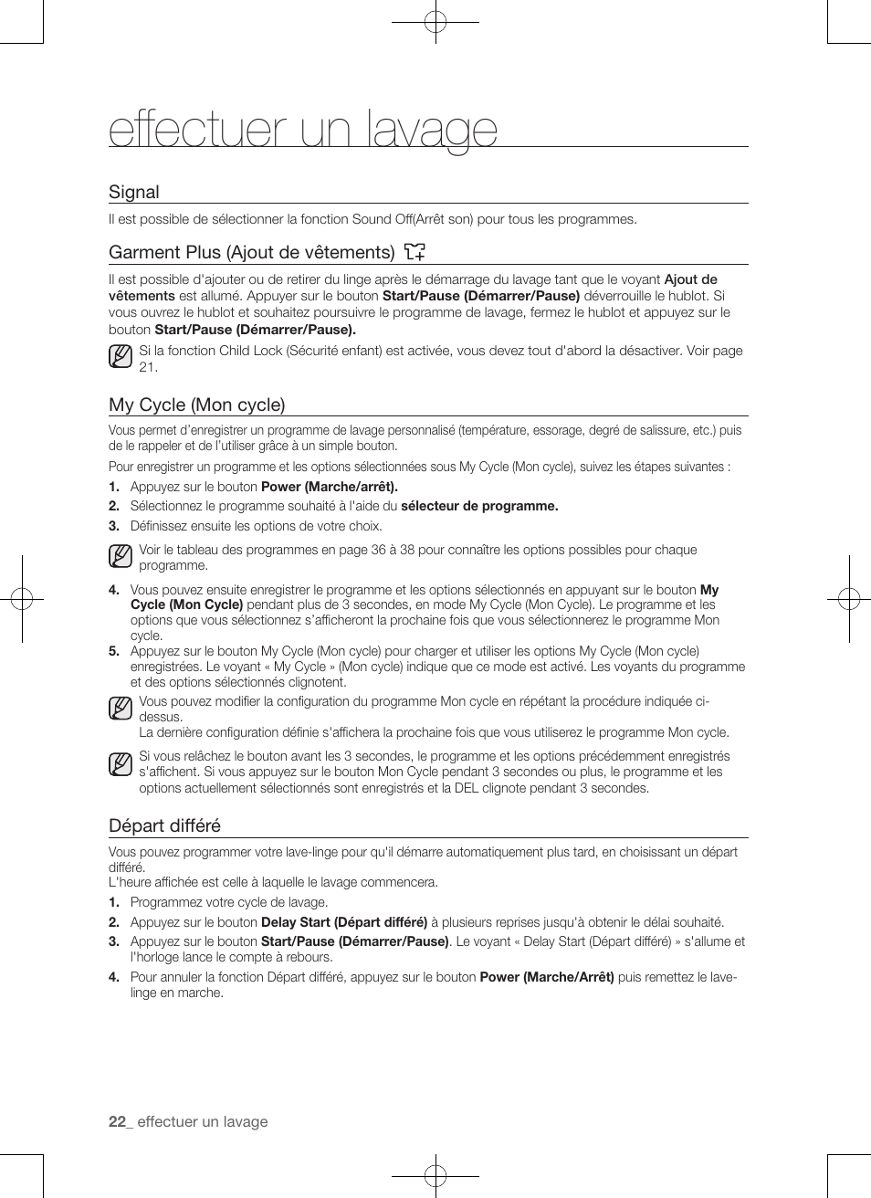 Effectuer un lavage, Signal, Garment plus (ajout de vêtements) | My cycle (mon cycle), Départ différé | Samsung WA50F9A7DSP-A2 User Manual | Page 66 / 132