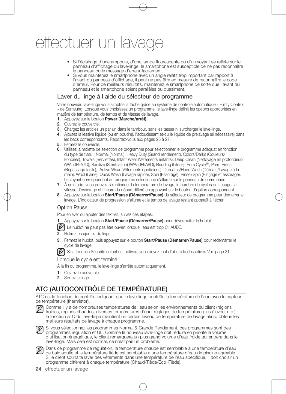 Effectuer un lavage, Atc (autocontrôle de température), Laver du linge à l'aide du sélecteur de programme | Samsung WA50F9A7DSP-A2 User Manual | Page 68 / 132
