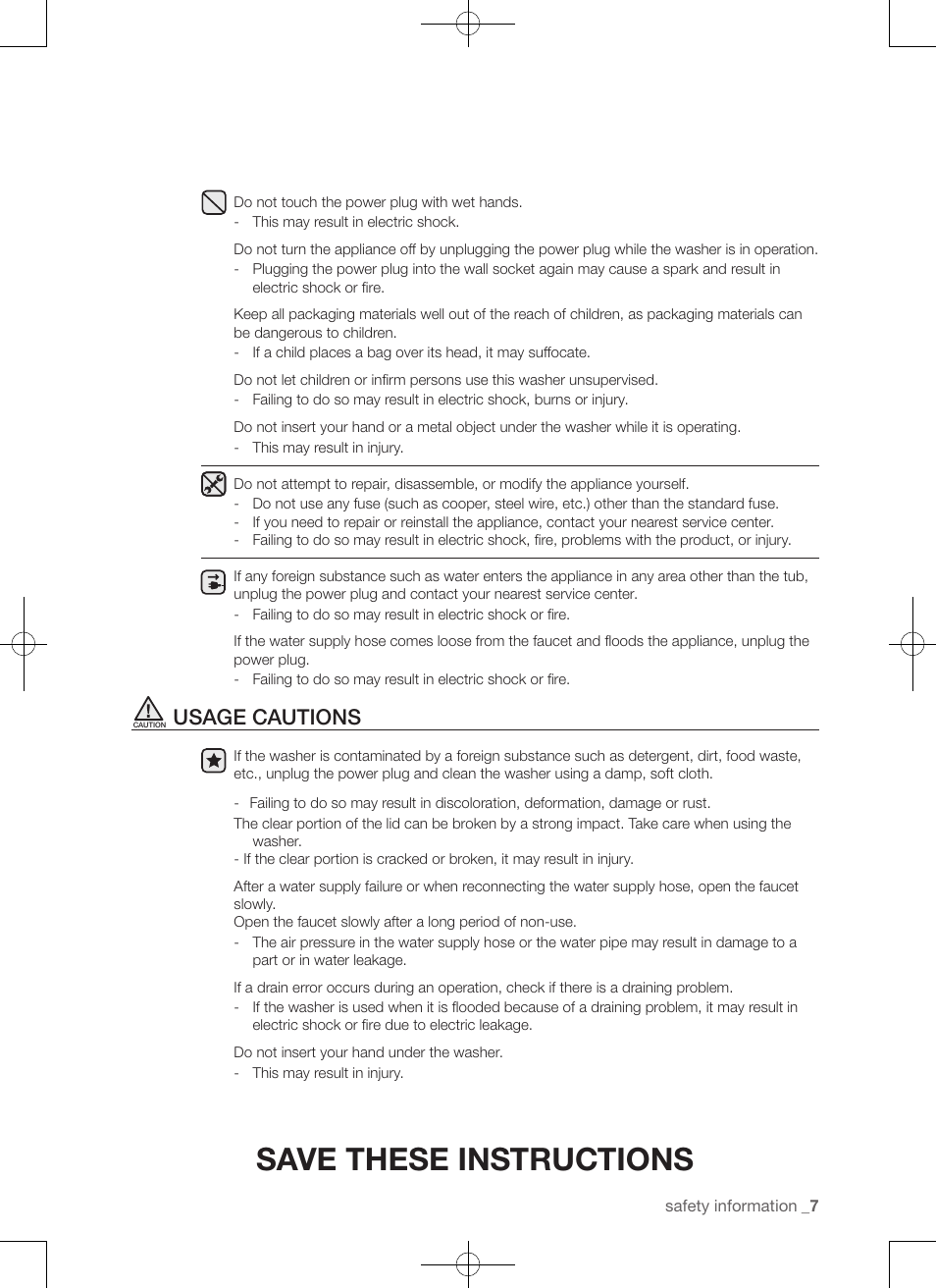 Save these instructions, Usage cautions | Samsung WA50F9A7DSP-A2 User Manual | Page 7 / 132