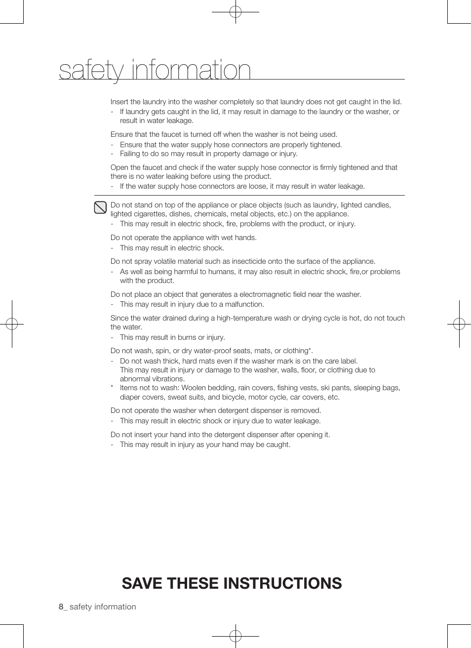 Safety information, Save these instructions | Samsung WA50F9A7DSP-A2 User Manual | Page 8 / 132