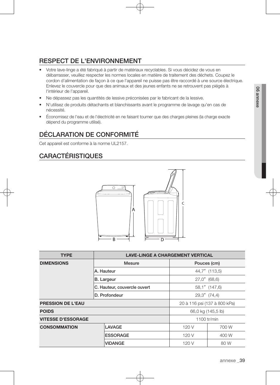 Respect de l'environnement, Déclaration de conformité, Caractéristiques | Samsung WA50F9A7DSP-A2 User Manual | Page 83 / 132