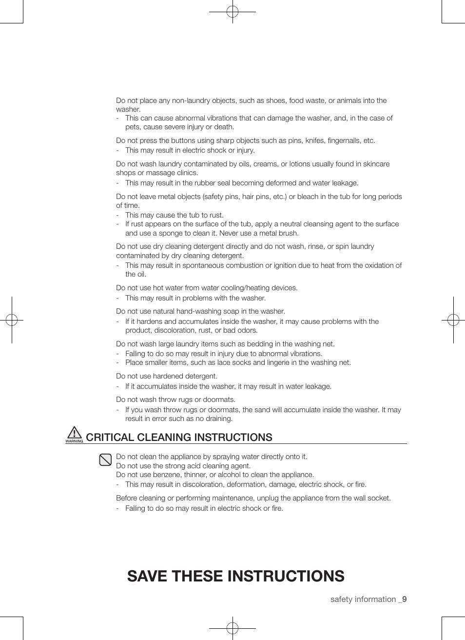 Save these instructions, Critical cleaning instructions | Samsung WA50F9A7DSP-A2 User Manual | Page 9 / 132
