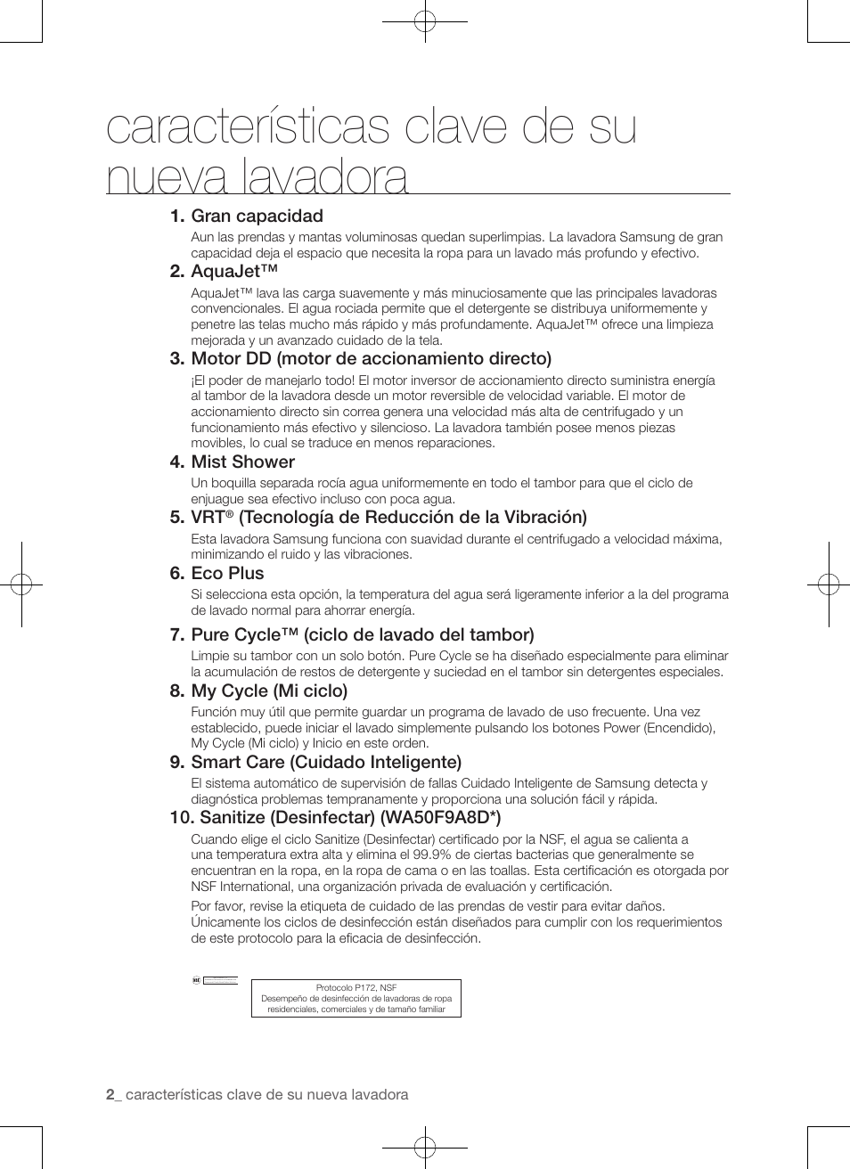 Características clave de su nueva lavadora | Samsung WA50F9A7DSP-A2 User Manual | Page 90 / 132