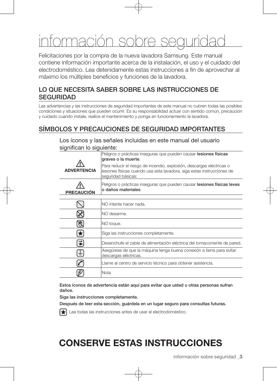 Información sobre seguridad, Conserve estas instrucciones, Símbolos y precauciones de seguridad importantes | Samsung WA50F9A7DSP-A2 User Manual | Page 91 / 132