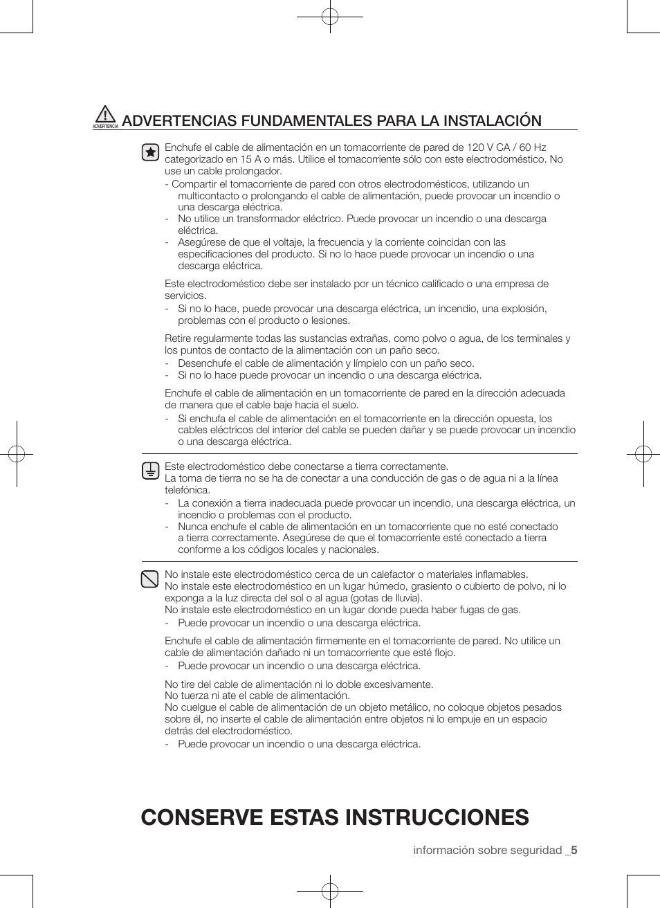 Conserve estas instrucciones, Advertencias fundamentales para la instalación | Samsung WA50F9A7DSP-A2 User Manual | Page 93 / 132