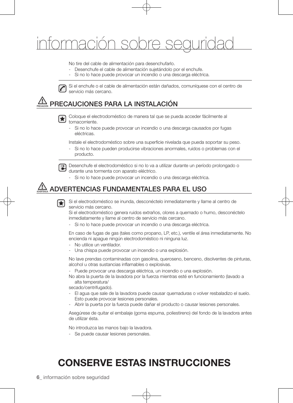 Información sobre seguridad, Conserve estas instrucciones, Precauciones para la instalación | Advertencias fundamentales para el uso | Samsung WA50F9A7DSP-A2 User Manual | Page 94 / 132