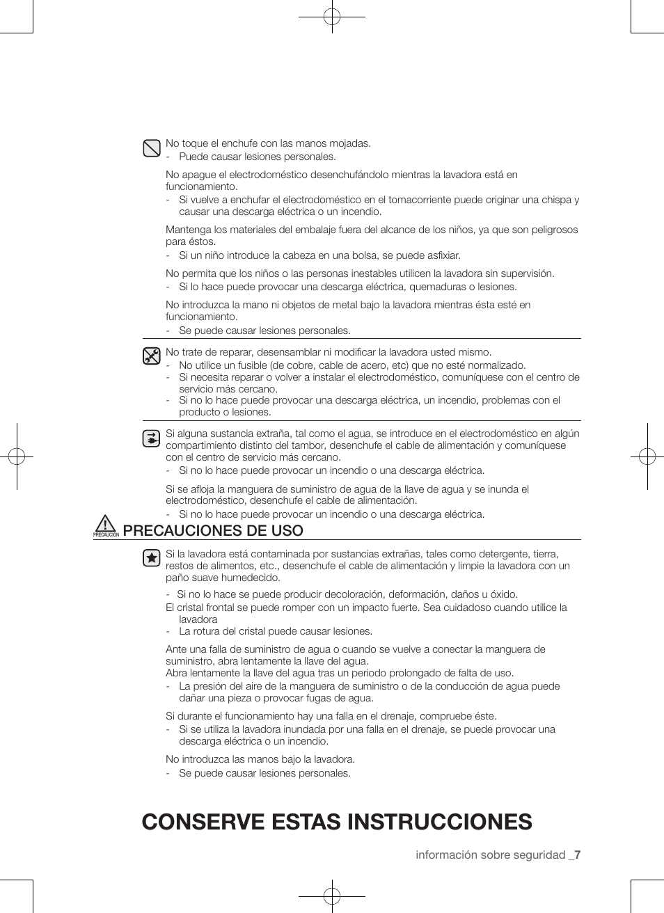 Conserve estas instrucciones, Precauciones de uso | Samsung WA50F9A7DSP-A2 User Manual | Page 95 / 132