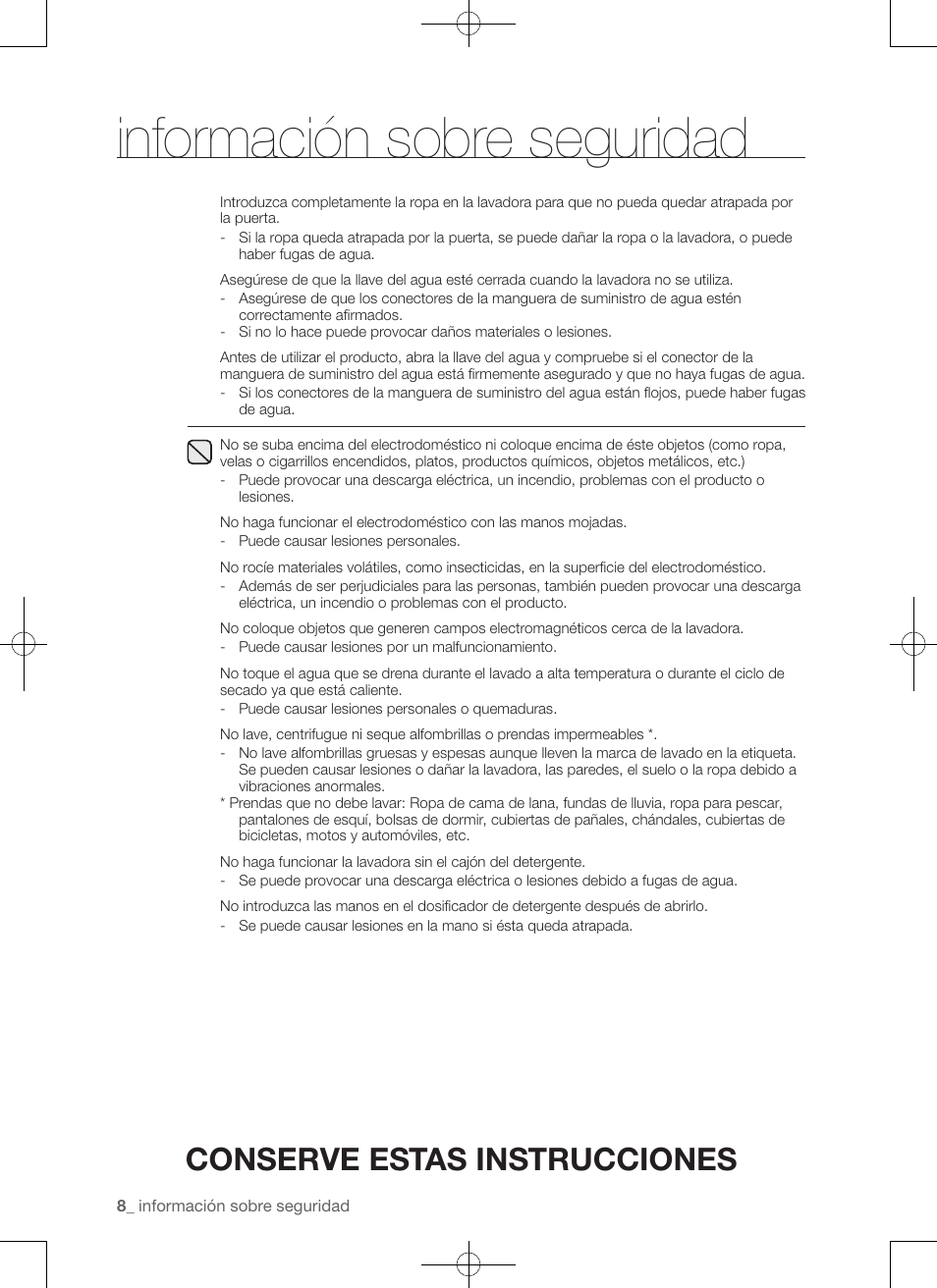 Información sobre seguridad, Conserve estas instrucciones | Samsung WA50F9A7DSP-A2 User Manual | Page 96 / 132