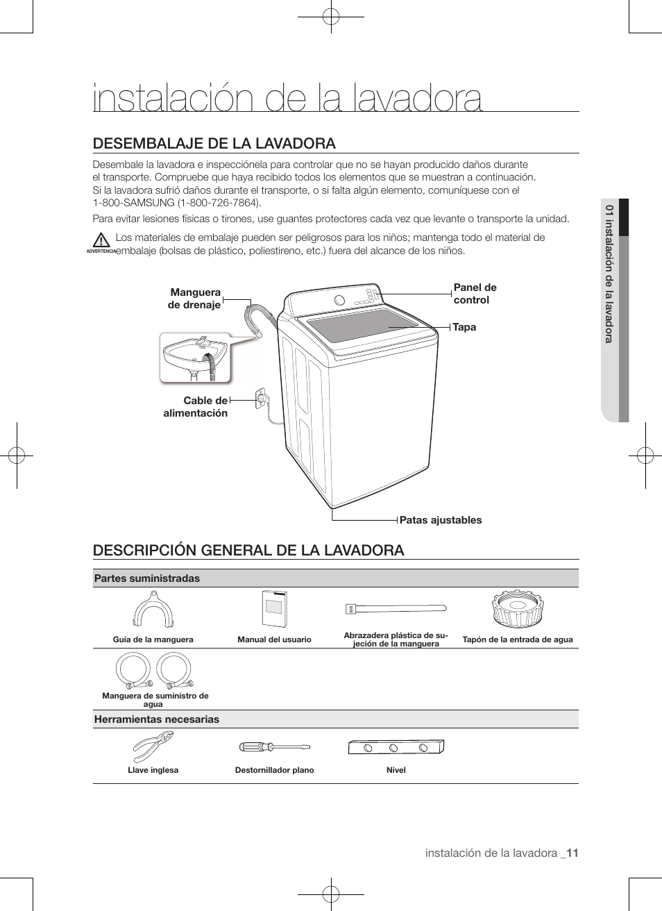 Instalación de la lavadora, Desembalaje de la lavadora, Descripción general de la lavadora | Samsung WA50F9A7DSP-A2 User Manual | Page 99 / 132