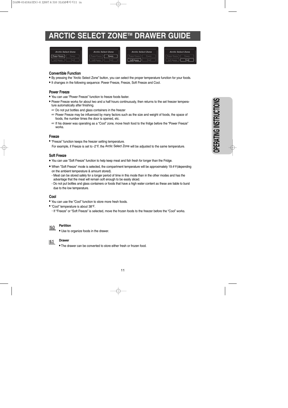 Arctic select zonetm drawer guide, Opera ting instr uctions, Arctic select zone | Drawer guide | Samsung RM257ABRS-XAA User Manual | Page 11 / 40