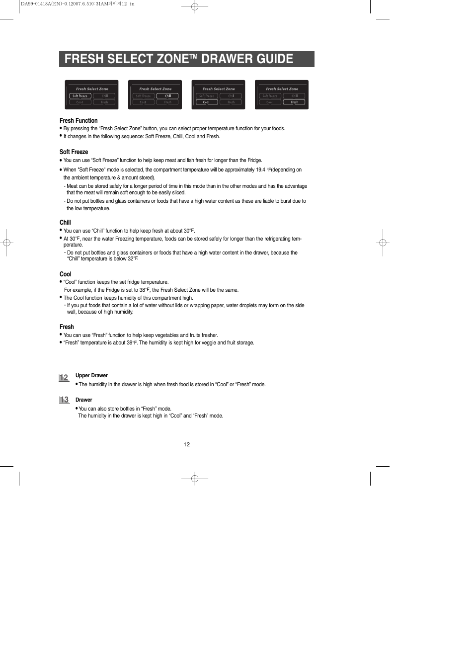 Fresh select zonetm drawer guide, Fresh select zone, Drawer guide | Samsung RM257ABRS-XAA User Manual | Page 12 / 40