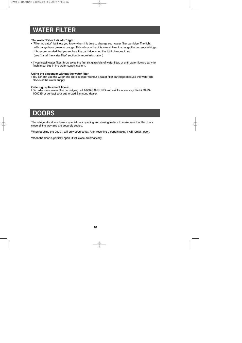 Water filter, Doors | Samsung RM257ABRS-XAA User Manual | Page 18 / 40