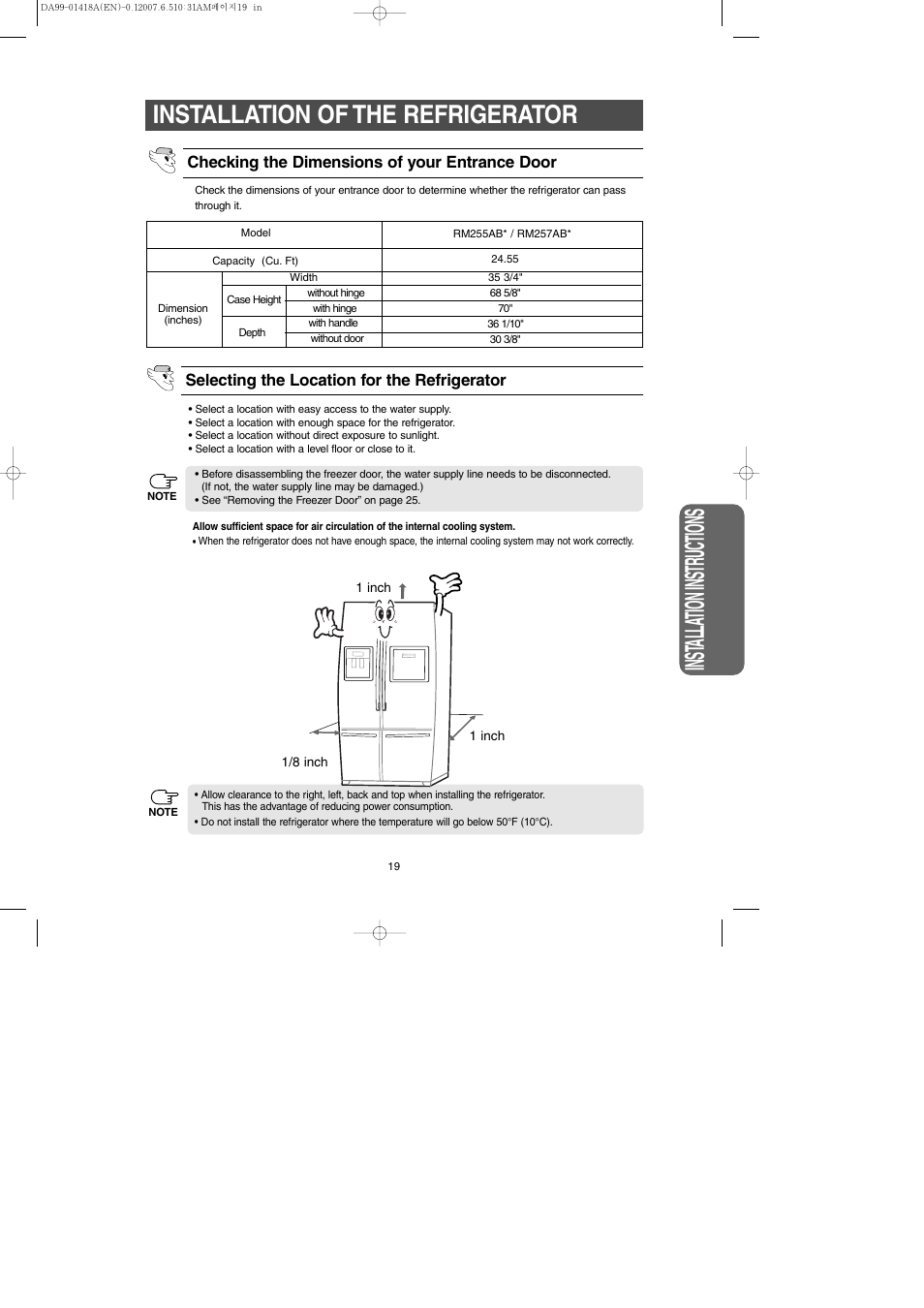 Installation of the refrigerator, Inst alla tion instr uctions | Samsung RM257ABRS-XAA User Manual | Page 19 / 40