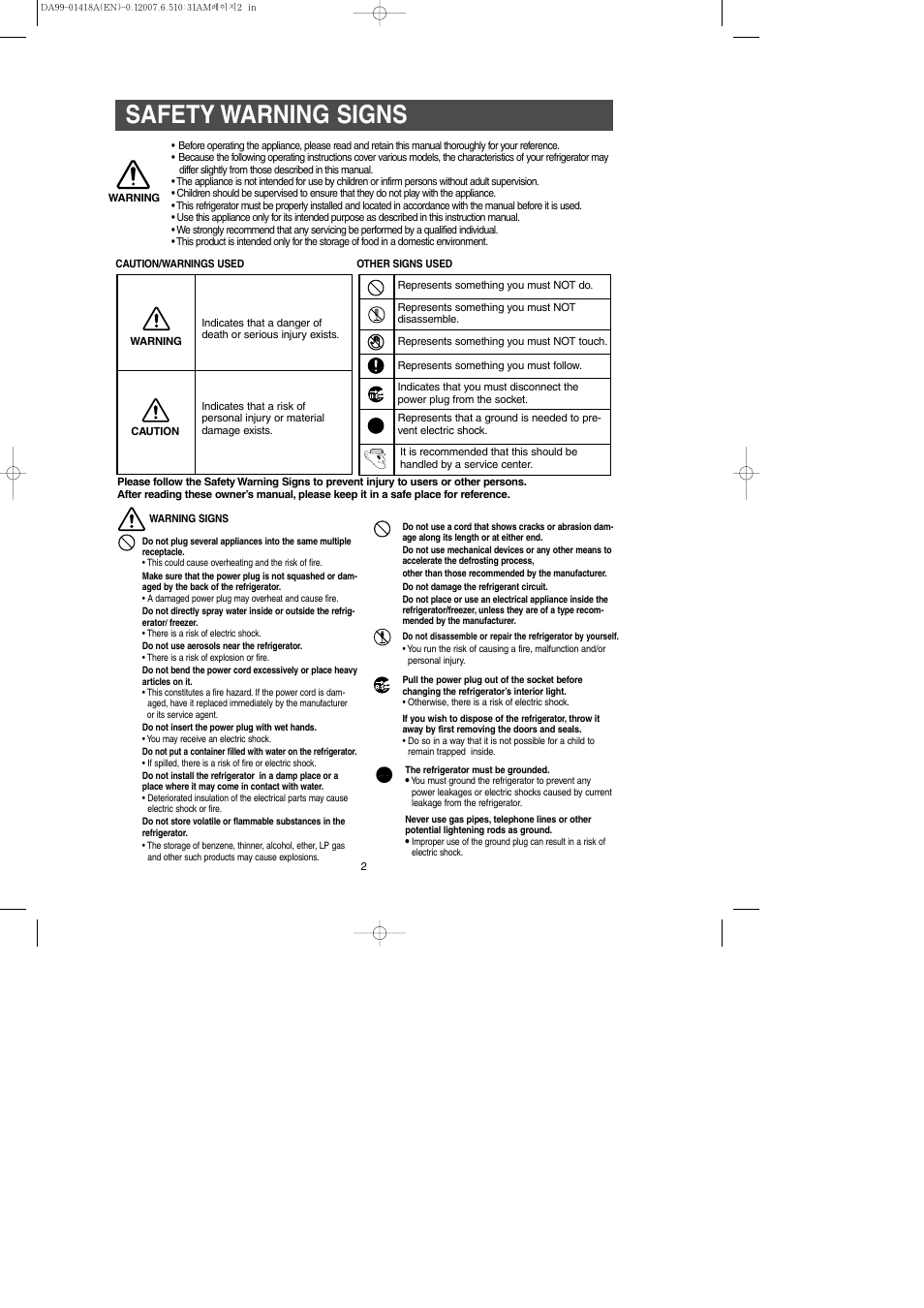 Safety warning signs | Samsung RM257ABRS-XAA User Manual | Page 2 / 40