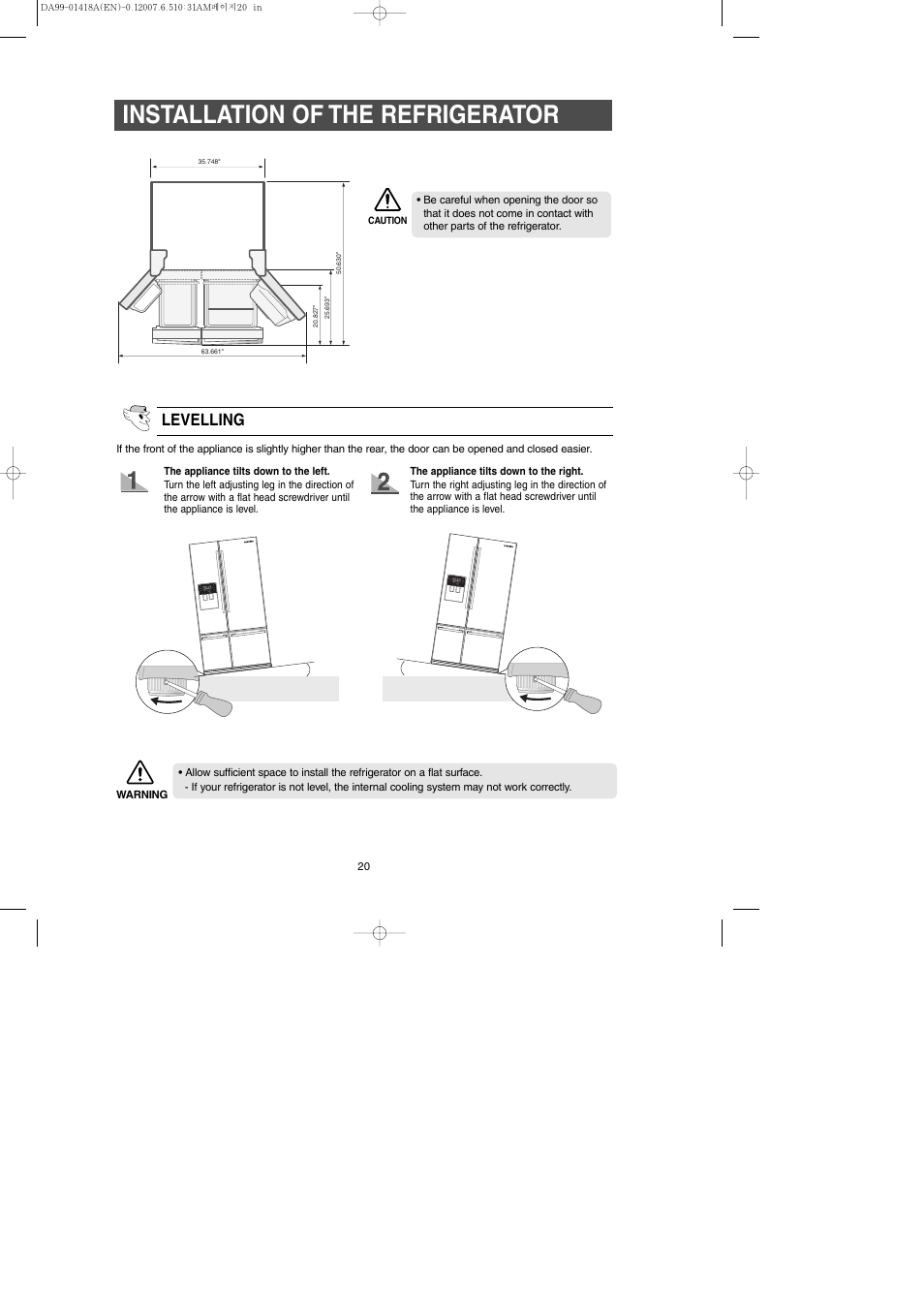 Installation of the refrigerator, Levelling | Samsung RM257ABRS-XAA User Manual | Page 20 / 40