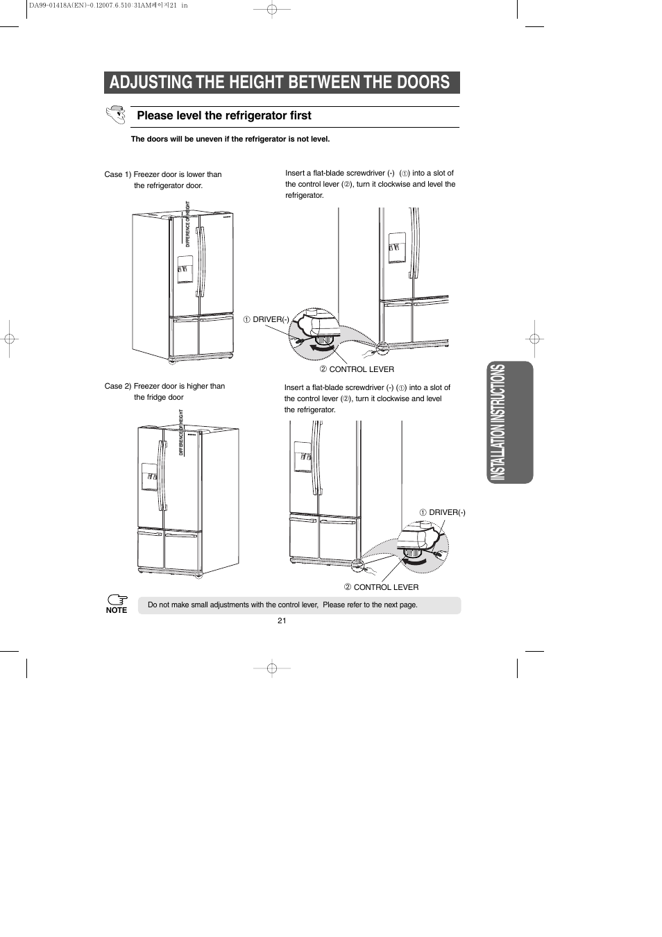 Adjusting the height between the doors, Inst alla tion instr uctions | Samsung RM257ABRS-XAA User Manual | Page 21 / 40