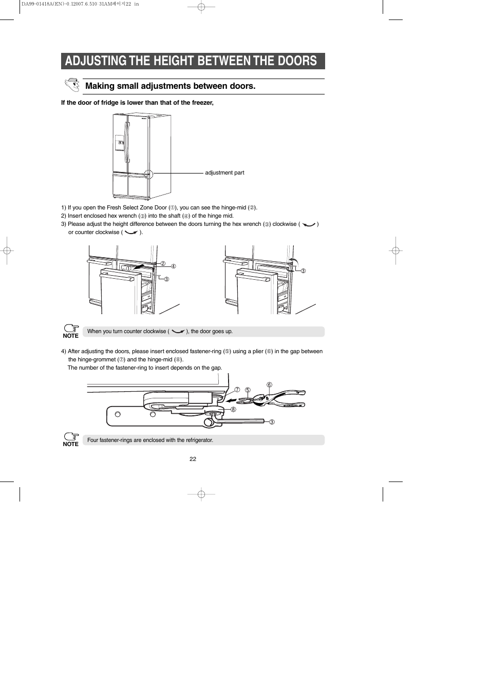 Adjusting the height between the doors, Making small adjustments between doors | Samsung RM257ABRS-XAA User Manual | Page 22 / 40