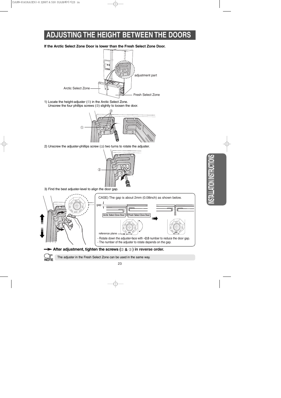 Inst alla tion instr uctions, Adjusting the height between the doors | Samsung RM257ABRS-XAA User Manual | Page 23 / 40