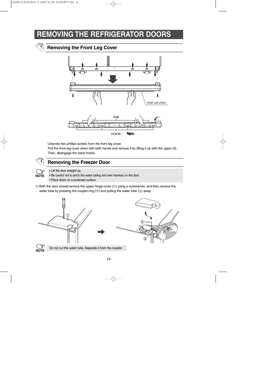 Removing the refrigerator doors, Removing the freezer door, Removing the front leg cover | Samsung RM257ABRS-XAA User Manual | Page 24 / 40